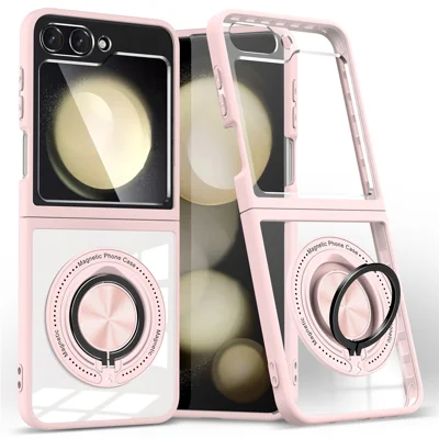 For Samsung Galaxy Z Flip7 FE 5G / Z Flip6 5G Magnetic Case TPU Frame Clear PC Back Kickstand Phone Cover - Pink