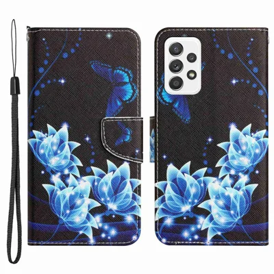 Stand Wallet Case for Samsung Galaxy A53 5G, Cross Texture PU Leather Pattern Printing Folio Flip Phone Cover - Blue Butterfly