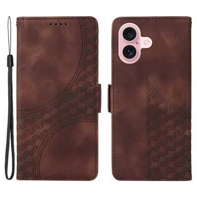 For iPhone 16 Leather Cases Wallet Rhombus Imprinted Phone Cover Stand with Strap - Brown