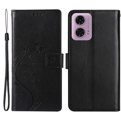 For Motorola Edge (2024) 5G Case Phone Leather Cover Butterfly Flower Pattern - Black