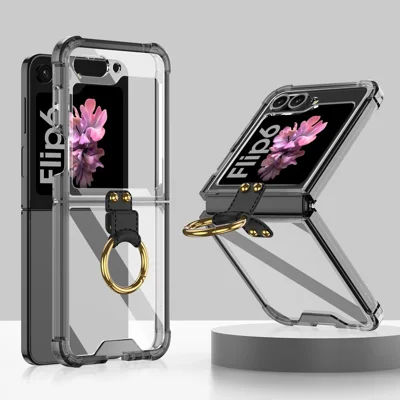 GKK For Samsung Galaxy Z Flip7 FE 5G / Z Flip6 5G Case Ring Holder Kickstand TPU Phone Cover - Transparent Black
