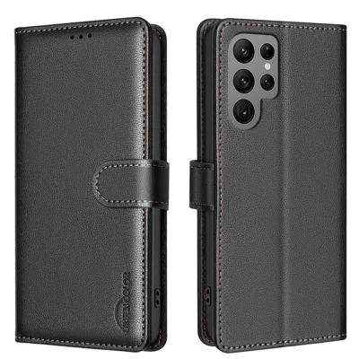 BINFEN COLOR BF32 For Samsung Galaxy S22 Ultra 5G Case Litchi Texture RFID Blocking Leather Phone Cover - Black