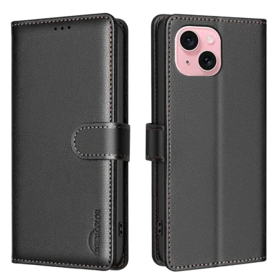 BINFEN COLOR BF32 Voor iPhone 13 / 14 Hoesje RFID-blokkering Litchi-structuur Leren Cover - Zwart