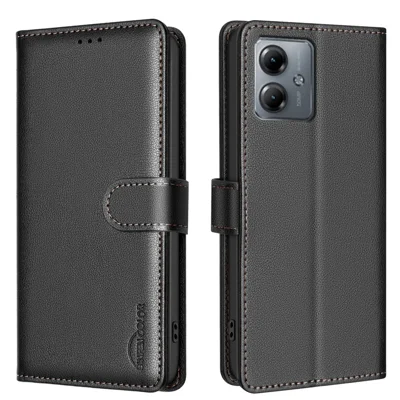 BINFEN COLOR BF32 For Motorola Moto G14 4G / G54 5G Phone Case Litchi Texture Leather RFID Blocking Cover - Black