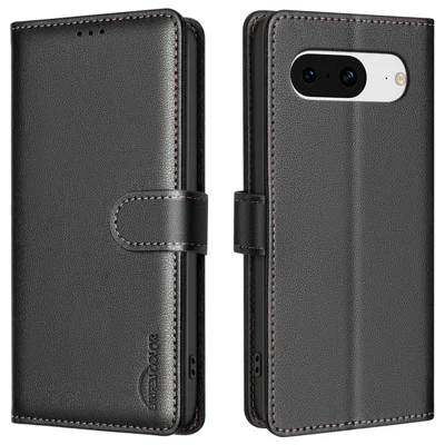 BINFEN COLOR BF32 For Google Pixel 8 Wallet Stand Phone Case Litchi Texture RFID Blocking Leather Phone Cover - Black