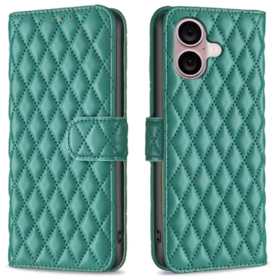 BINFEN COLOR BF Style-14 For iPhone 16 Plus Case Rhombus Grid Wallet Leather Phone Cover - Green