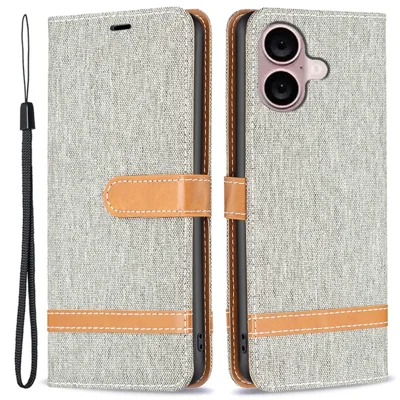 For iPhone 16 Leather Wallet Case Jeans Cloth Texture Protective Cover - Grey