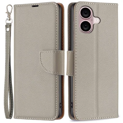 For iPhone 16 Plus Wallet Case with Wrist Strap Litchi Texture Leather Phone Stand Cover - Grey