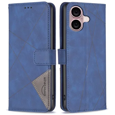 BINFEN COLOR For iPhone 16 Phone Cases Wallet Stand Geometry Imprint Leather Cover - Blue