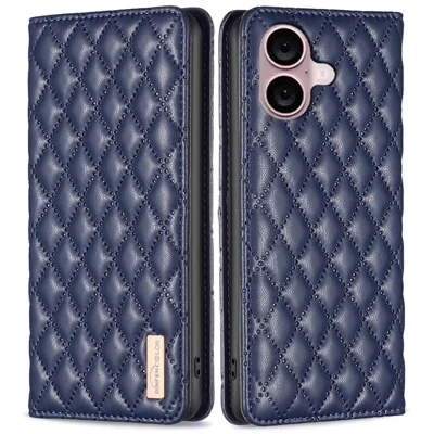 BINFEN COLOR BF Style-16 For iPhone 16 Plus Phone Stand Case Leather Phone Cover with Imprinted Rhombus Grid - Blue