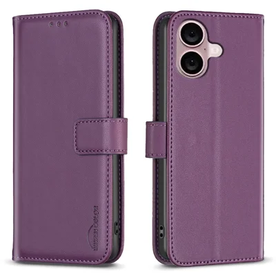 BINFEN COLOR BF17 لجهاز iPhone 16 Plus غطاء واقي مضاد للخدوش من جلد PU حامل هاتف محفظة - بنفسجي داكن