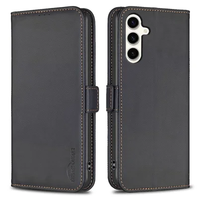 BINFEN COLOR BF31 For Samsung Galaxy S24 FE Case with Wallet Stand PU Leather Flip Phone Cover - Black