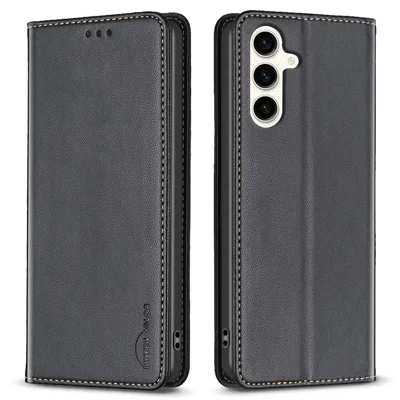 BINFEN COLOR BF18 For Samsung Galaxy S24 FE Case PU Leather Card Holder Phone Cover - Black