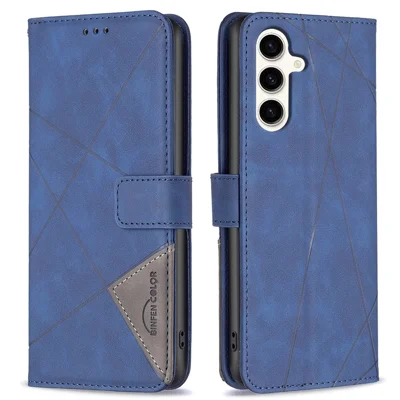 BINFEN COLOR For Samsung Galaxy S24 FE Phone Cases Wallet Stand Geometry Imprint Leather Cover - Blue