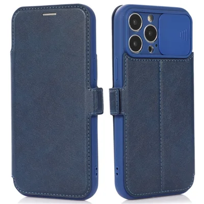 For iPhone 14 Pro Max PU Leather Stand Card Holder Case Shockproof Magnetic Clasp Phone Cover with Slide Camera Protection - Blue