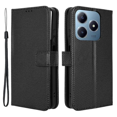 For Realme Note 60x 4G / C63 4G / C61 4G / Narzo N63 4G Case Leather Phone Cover Diamond Texture - Black