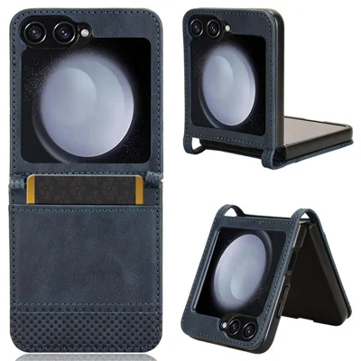 For Samsung Galaxy Z Flip7 FE 5G / Z Flip6 5G Cover Retro Texture One-Piece Design PU Leather+PC Phone Case Shell with Card Slot - Blue