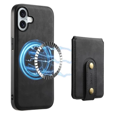 DENIOR D14 For iPhone 16 Plus Case Compatible with MagSafe Card Bag Leather Back Phone Cover - Black