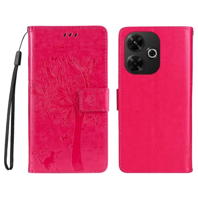 For Xiaomi Redmi 13 5G / 13 4G Phone Case with Stand Cat Tree Pattern Leather Wallet Mobile Cover - Rose