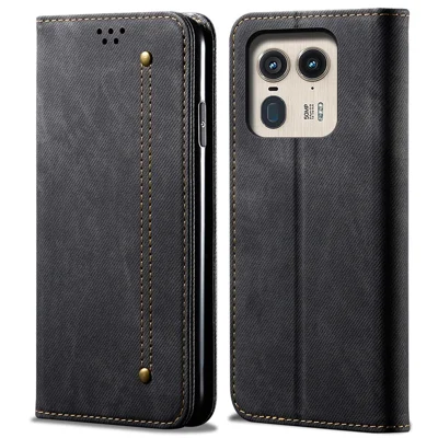 For Motorola Edge 50 Ultra 5G / Moto X50 Ultra 5G Case Flip Leather Phone Cover Jeans Cloth Texture - Black