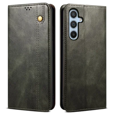 For Samsung Galaxy S24 FE Case Leather Phone Cover Waxy Crazy Horse Texture Magnetic Absorption - Green