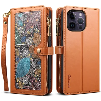 ESEBLE Galaxy-serie til iPhone 16 Pro etui i læder med RFID-blokerende wallet - Brun