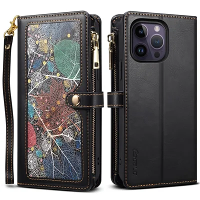 ESEBLE Galaxy-serie til iPhone 16 Pro Max Case RFID-blokerende mapper med lynlås i læder - Sort