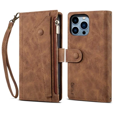ESEBLE Star Series For iPhone 16 Pro Case Zipper Wallet Leather Stand Phone Cover - Brown