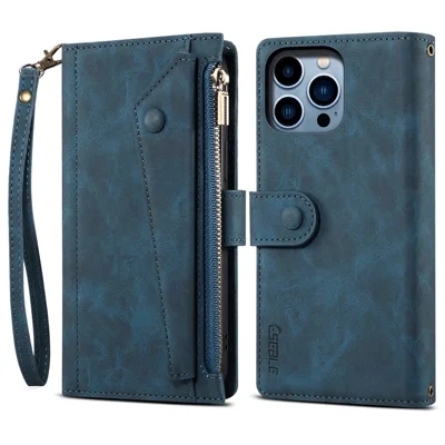 ESEBLE Star Series til iPhone 16 Pro Max Case Lomme med lynlås Anti-Drop PU Læder Telefonbeskyttelse - Blå