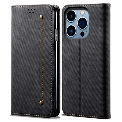 For iPhone 16 Pro Max Case Jeans Cloth Texture Anti-Fall PU Leather Wallet Phone Cover - Black