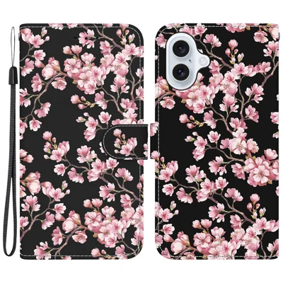 For iPhone 16 Plus Wallet Case Pattern Print Leather Phone Cover - Plum Blossom