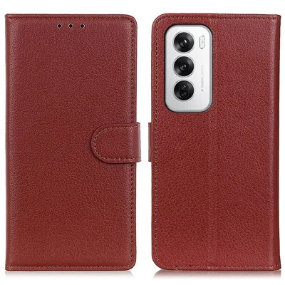 För Oppo Reno12 5G (Global) ställfodral med litchi-tryck läderplånbok mobilhölje - Brun