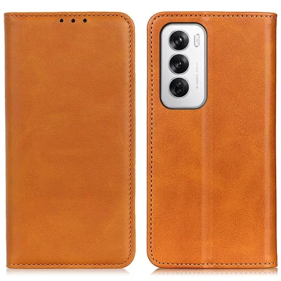 For Oppo Reno12 5G (Global) Case Cowhide Texture Split Leather Wallet Phone Cover with Stand - Brown