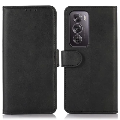 For Oppo Reno12 Pro 5G (Global) Stand Case Cowhide Texture Leather 3 Card Slots Phone Cover - Black