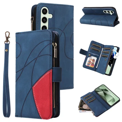 For Samsung Galaxy S24 FE Leather Case with Strap Zipper 9 Card Slot Phone Cover Stand - Blue