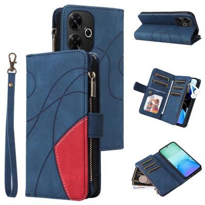 For Xiaomi Redmi 13 5G / 13 4G / Note 13R 5G Leather Case with Strap Zipper 9 Card Slot Phone Cover Stand - Blue