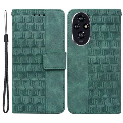 For Honor 200 5G Leather Case Geometry Imprint Wallet Phone Cover with Strap - Green