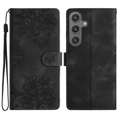 Futerał na Samsung Galaxy S24 FE, portfelowy etui skórzane z motywem motyli i kwiatów, czarny