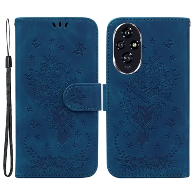 For Honor 200 5G Stand Case Butterfly Rose Imprint Leather Wallet Phone Cover - Blue