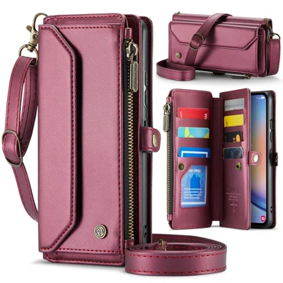 For Samsung Galaxy A34 5G Leather Case CASEME C36 Zipper Multiple Card Slots Phone Cover with Straps - Wine Red