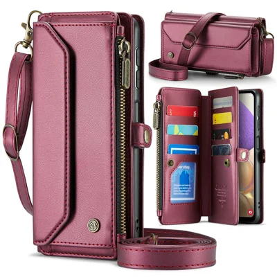 For Samsung Galaxy A32 5G / M32 5G Leather Case CASEME C36 Zipper Multiple Card Slots Phone Cover with Straps - Wine Red