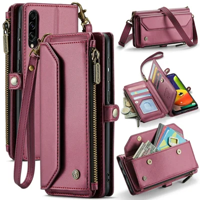 For Samsung Galaxy A30s / A50s / A50 Leather Case CASEME C36 Zipper Multiple Card Slots Phone Cover with Straps - Wine Red