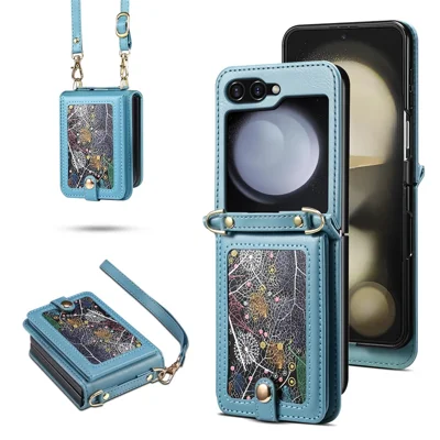 For Samsung Galaxy Z Flip7 FE 5G / Z Flip6 5G Case Leather+PC Phone Cover with Card Holder Long Strap - Blue