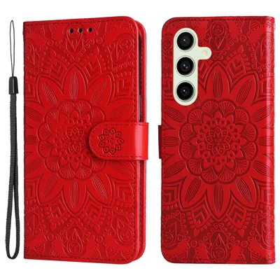 For Samsung Galaxy S24 FE Wallet Case Sunflower PU Leather Phone Cover - Red