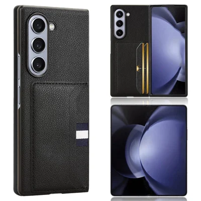 For Samsung Galaxy Z Fold6 5G Case Card Holder Litchi Texture Leather+PC Folding Phone Cover - Black