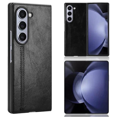 For Samsung Galaxy Z Fold6 5G Case Cowhide Texture Leather+PC Phone Cover Stitching Lines - Black