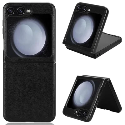 For Samsung Galaxy Z Flip7 FE 5G / Z Flip6 5G Case Litchi Texture Leather Hard PC Phone Cover - Black