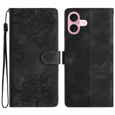 For iPhone 16 Plus Case Butterfly Flower Imprinted PU Leather Flip Stand Phone Cover - Black