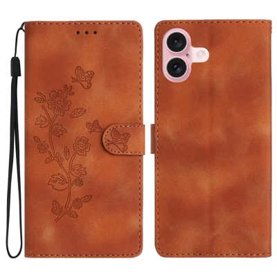 For iPhone 16 Plus Case Leather Imprinted Flower Card Slots Pocket Phone Cover with Wrist Strap - Brown