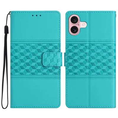 For iPhone 16 Plus Case Rhombus Leather Horizontal Flip Phone Cover - Sky Blue